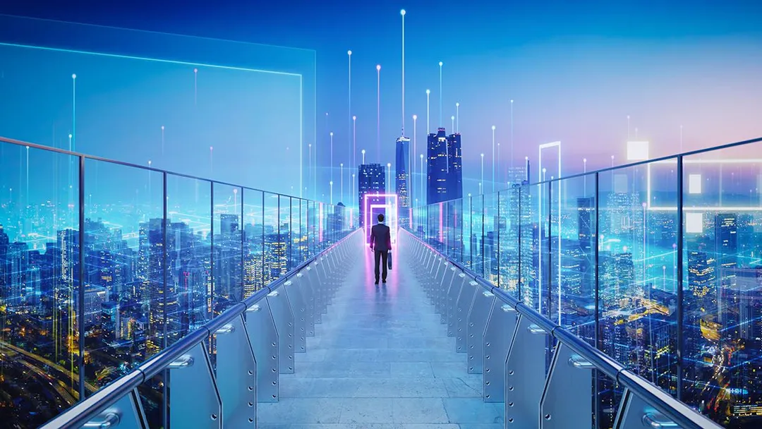 Businessperson crossing a luminous futuristic bridge toward a portal