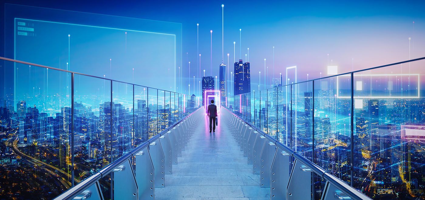 Businessperson crossing a luminous futuristic bridge toward a portal
