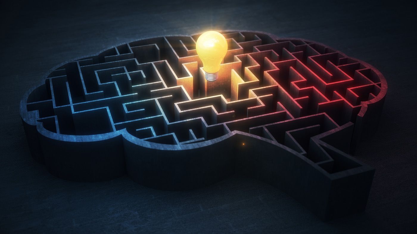 Illuminated brain maze symbolizing problem solving and breakthrough