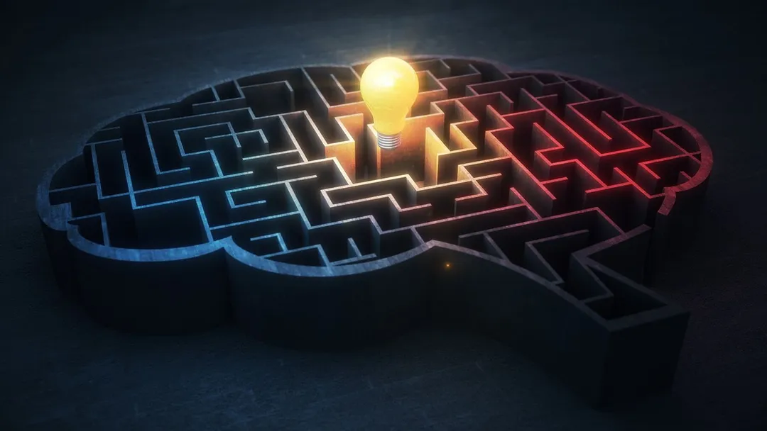 Illuminated brain maze symbolizing problem solving and breakthrough