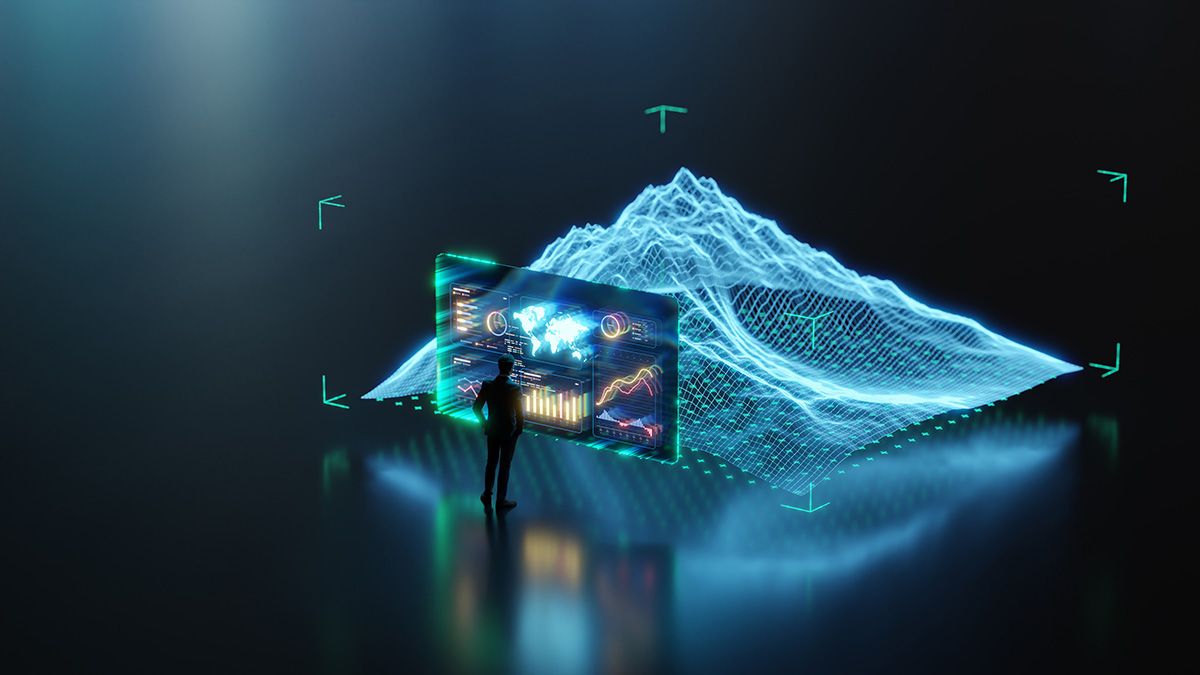 Business professional analyzing a holographic data visualization