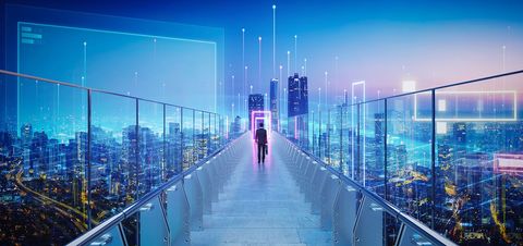 Businessperson crossing a luminous futuristic bridge toward a portal