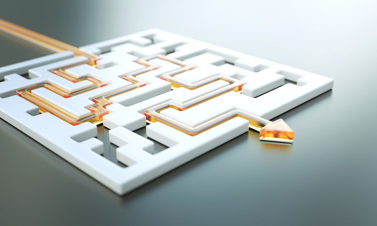 Orange path through a white maze, finding solutions concept